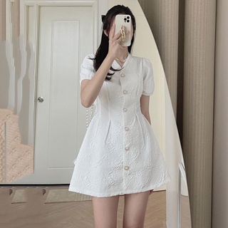 Váy xốp gấm Forgirl basic cổ V tay bồng hở lưng phối cúc ngọc phong cách Hàn quốc