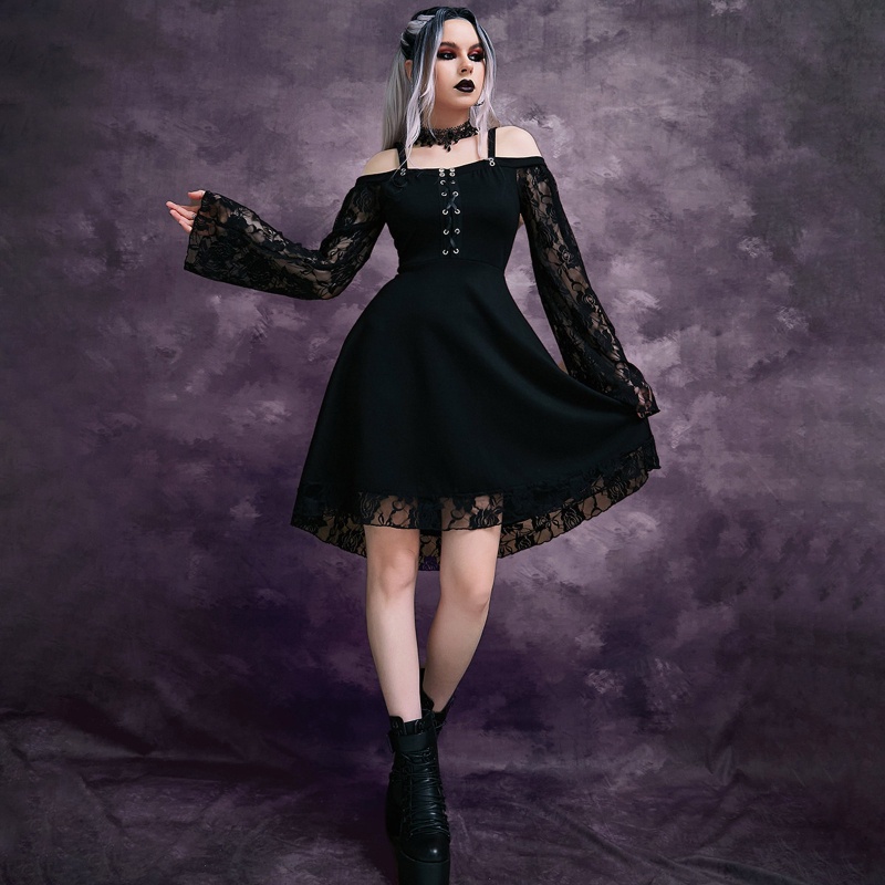 DASBSUG Nữ Gothic Chuông Tay Vai Cho Cross Strappy A-Line Midi Dress Partyw