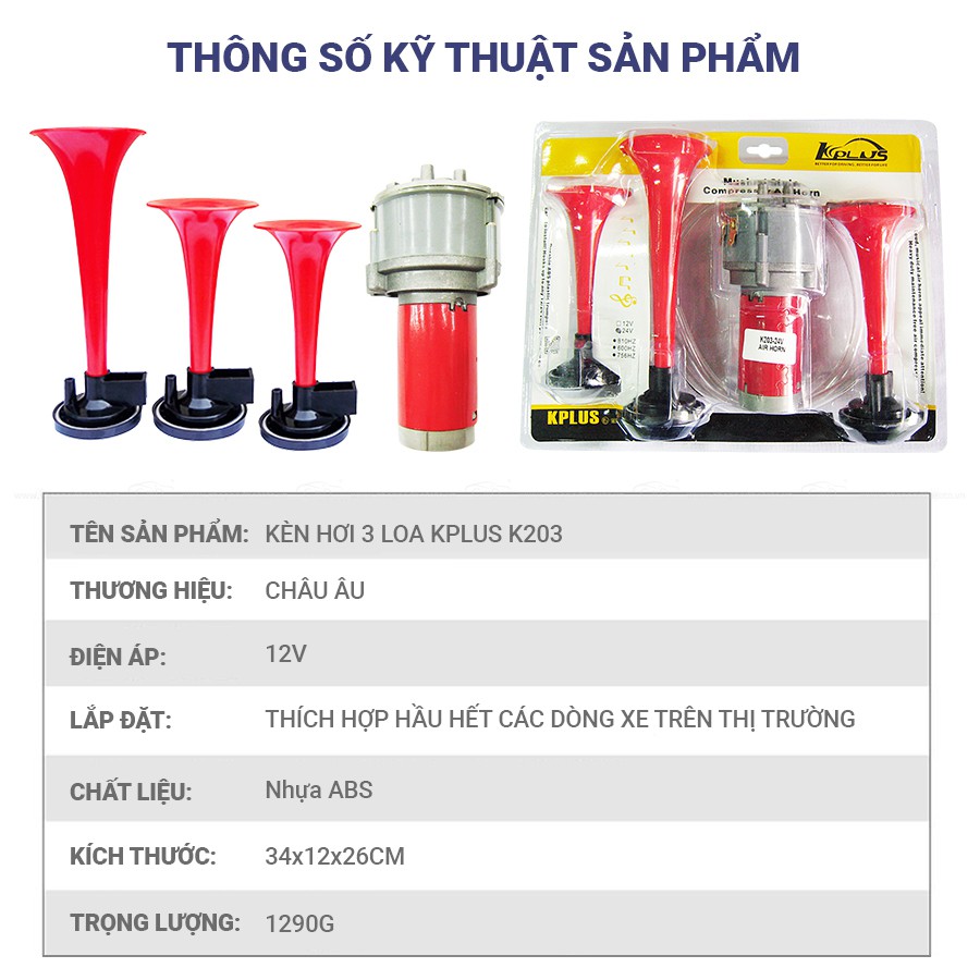 Kèn Hơi 3 Loa KPLUS K203 12V (Rơ Le Và Mô Tơ)