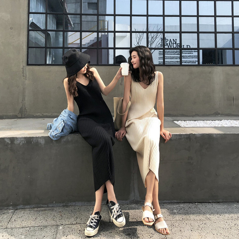 SUXI Đầm dệt kim thiết kế màu trơn trẻ trung cho nữ