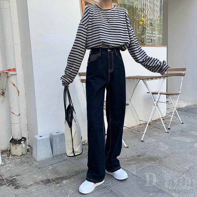 Ảnh Quần Jean Dài Ống Rộng Lưng Cao Màu Trơn Thời Trang Cho Nữ 1