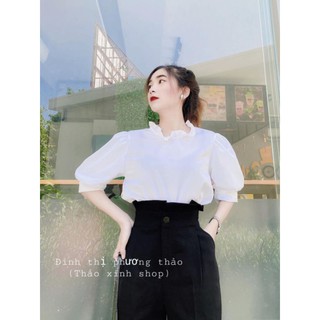 SET ÁO TRẮNG CỔ BÈO QUẦN ĐEN SUÔNG LƯNG CAO❤HÀNG SẴN SQD1209
