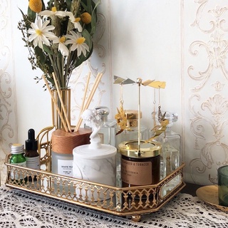 Khay Pha Lê Tráng Gương Chữ Nhật Viền Mạ Vàng Đựng Mỹ Phẩm Decor Trang Trí Cam Homeware