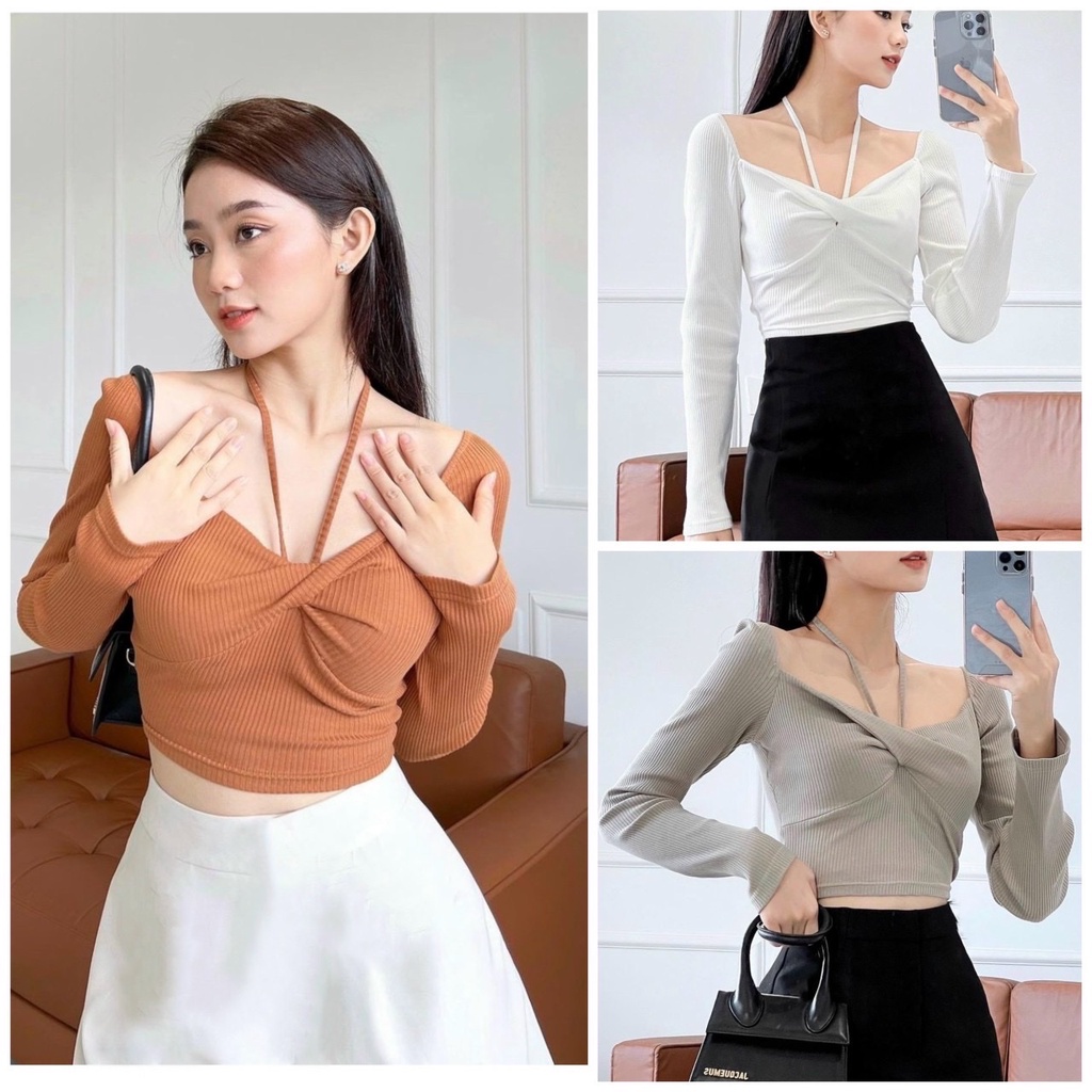SET ÁO CROPTOP XOẮN NGỰC, DÂY CỔ KÈM CHÂN VÁY CHỮ A, SET ĐỒ NỮ TRẺ TRUNG NĂNG ĐỘNG | MEOINDAHOUSE