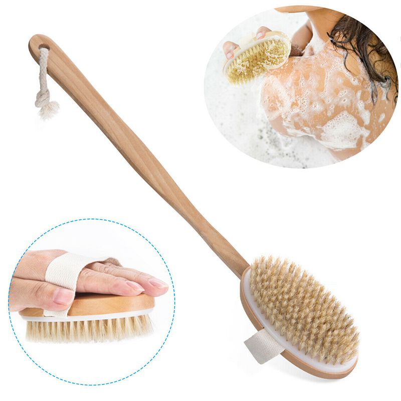 Bàn chải tắm mặt sau Scrub Bath Body Wood Làm sạch tay cầm dài Tự nhiên