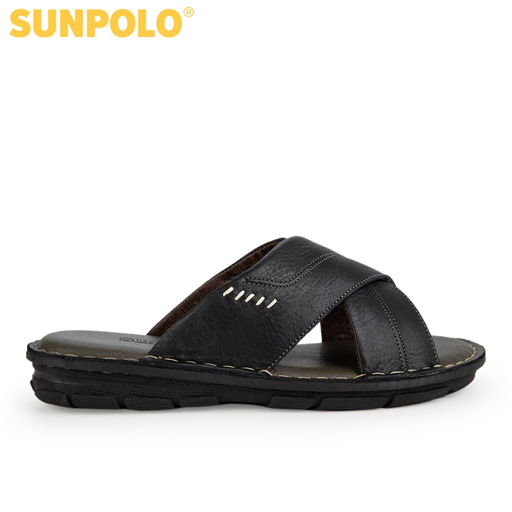 Ảnh Dép Nam Quai Chéo Da Bò SUNPOLO AQC026 Đen Có Big size 44 45 2
