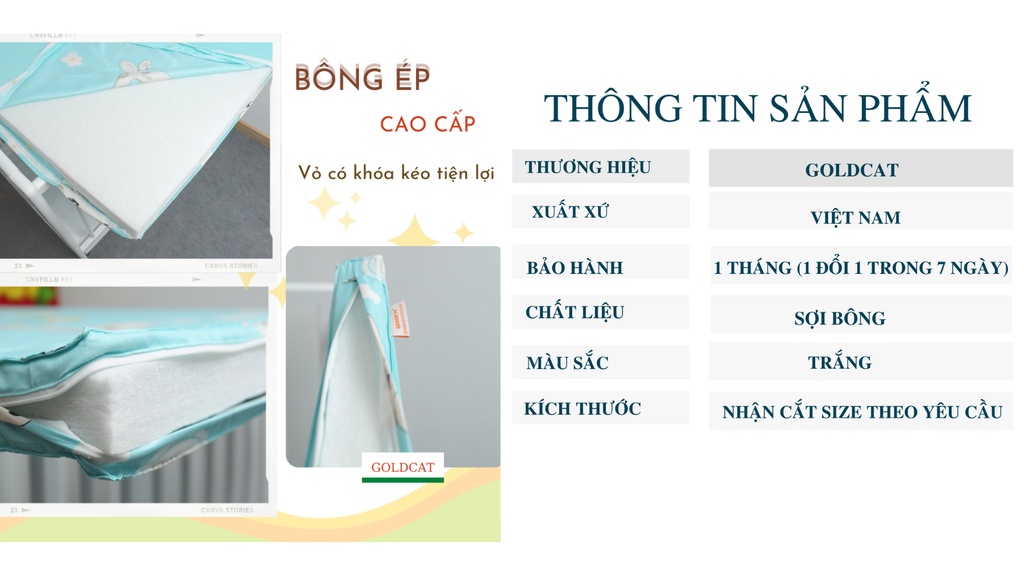 Mô tả Đệm Cũi Cho Bé GOLDCAT Cắt May Theo Yêu Cầu, Chất Liệu Bông Ép, Độ Dày Tiêu Chuẩn 5cm, Thoáng Khí, Đàn Hồi Tốt - 2