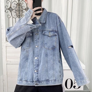 Áo Khoác Jeans Nam Nữ Denim Jacket hàn quốc trơn rách tay màu xanh