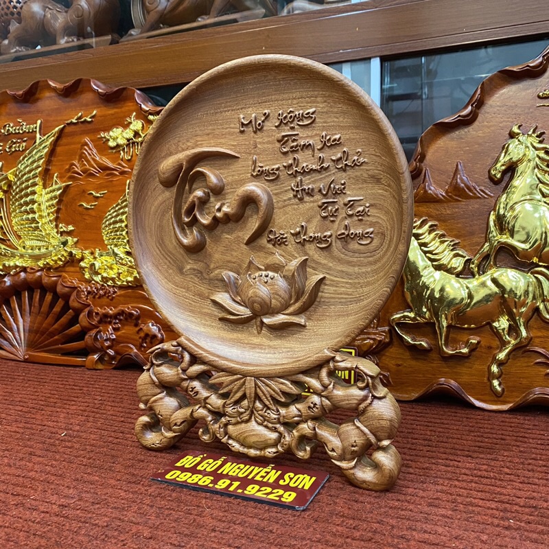 Tranh đĩa phong thuỷ,đĩa gỗ trạm chữ Tâm gỗ hương đá cao cấp