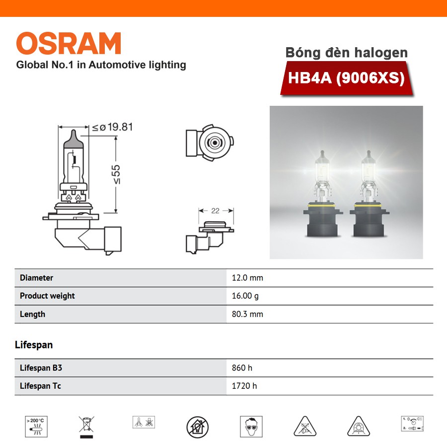 Bóng Đèn Halogen OSRAM Original HB4 12V 55W (Chân Thẳng)