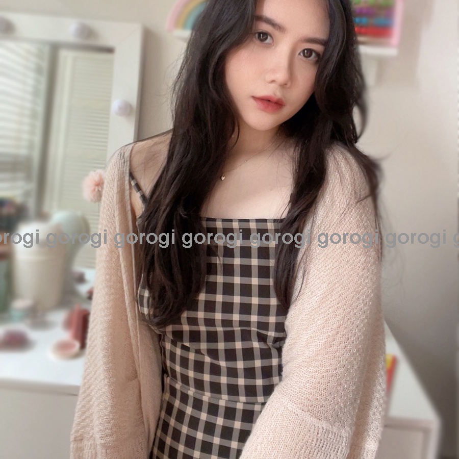 Váy 2 dây dáng dài đi biển Gorogi, váy body 2 dây kẻ caro, váy hai dây ôm thiết kế, maxi đi biển