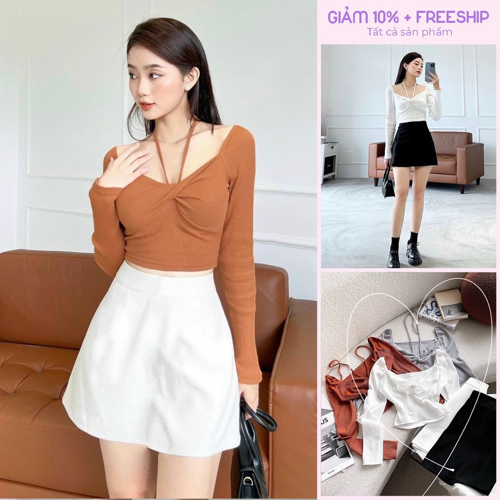SET ÁO CROPTOP XOẮN NGỰC, DÂY CỔ KÈM CHÂN VÁY CHỮ A, SET ĐỒ NỮ TRẺ TRUNG NĂNG ĐỘNG | MEOINDAHOUSE