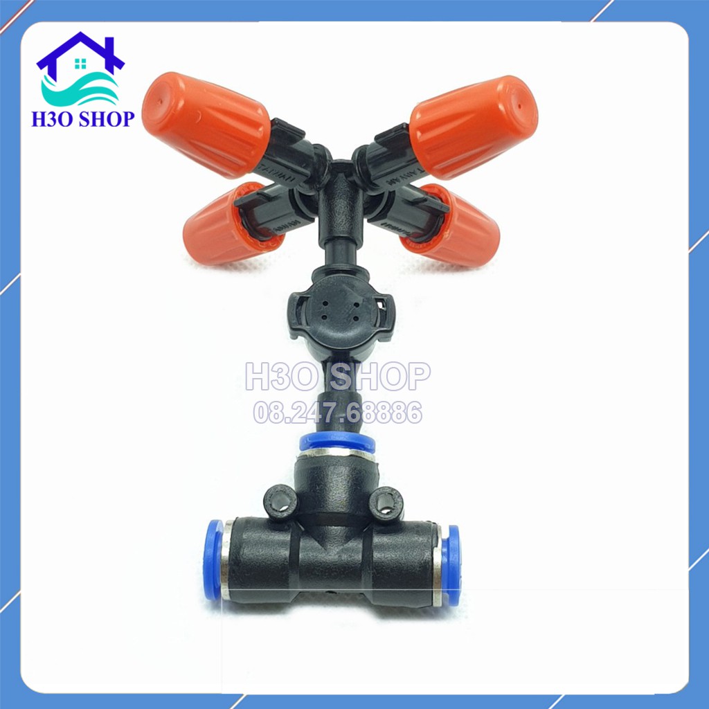 Béc Phun Sương 4 Hướng Cam Gắn Tê 8mm Kèm Van Chống Rỉ