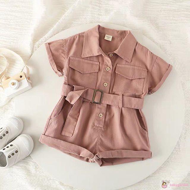 Bộ áo liền quần ngắn tay màu trơn có túi kèm thắt lưng xinh xắn cho bé 1-6 tuổi