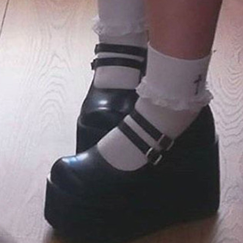 FL Nữ Bé Gái Mary Janes Giày Ngón Tròn Gothic Goth Nền Tảng Đầm Bơm Giày