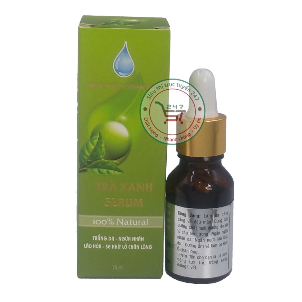 Serum dưỡng Trắng da mặt Ngừa nhăn Lão hóa Se khít lỗ chân lông Trà xanh serum Nhật Việt 15ml (Xanh nhạt)