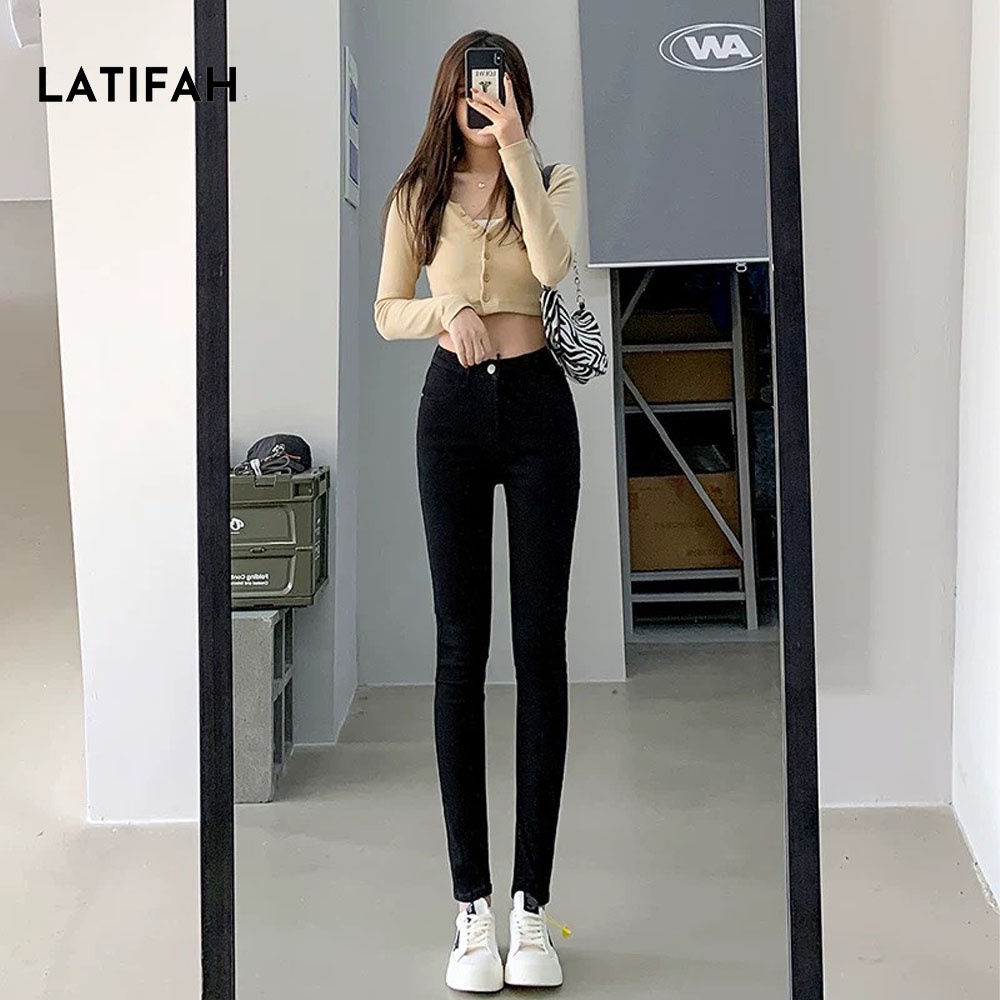 Quần dài jeans nữ co giãn LATIFAH cạp thường trơn màu đen cá tính QD023 phong cách hàn quốc spe