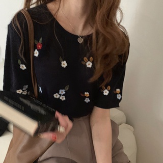Áo ZHELIHANGFEI dệt kim tay ngắn cổ tròn thêu hoa nhỏ dễ thương thời trang cho nữ