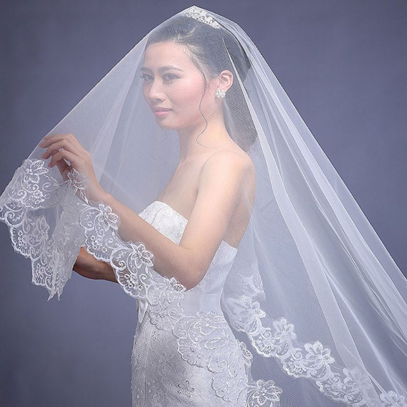 Pealike Women Pure White Wedding Veil cho viền vỏ sò thêu hoa dài