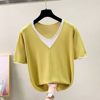 Quần áo nữ ngắn tay ngắn 2022 Quần áo nữ mùa hè hợp thời trang Ice Silk Phong cách phương Tây Áo dệt kim dáng rộng phiên bản ngắn Áo thun nữ hàng đầu