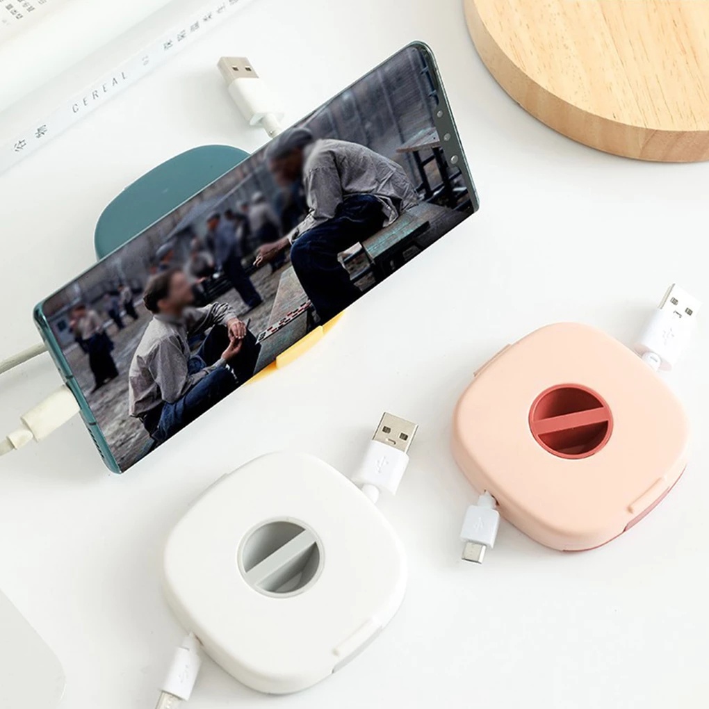 Hộp đựng dây cáp sạc dữ liệu điện thoại dạng xoay thu gọn vào mở rộng ra có giá đỡ điện thoại đa năng