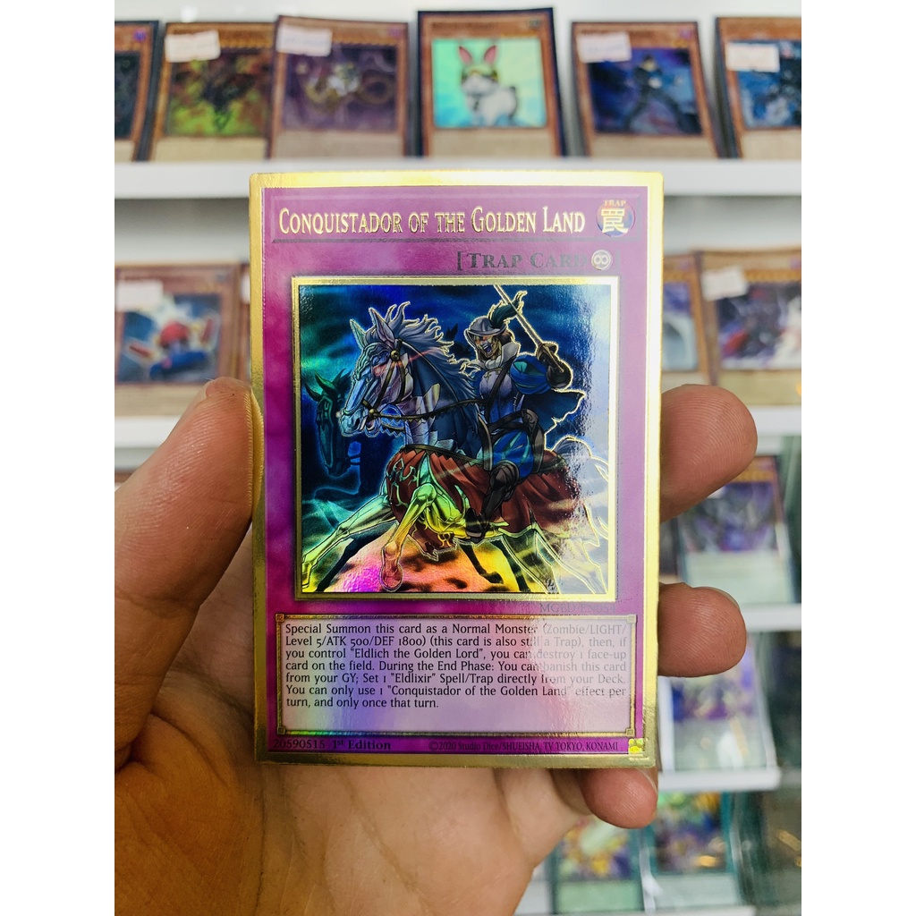Yu-Gi-Oh! Karte 'Conquistador Of The Golden Land' – MGED-EN054, Premium Gold Rare, 1. Edition