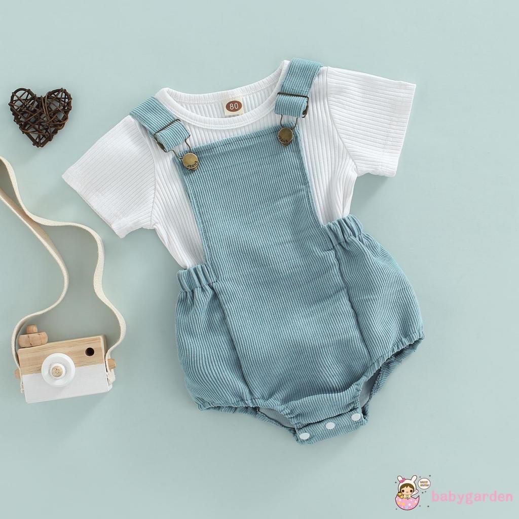 Set Áo Thun Tay Ngắn Cổ Tròn + Quần Yếm Dễ Thương Cho Bé Trai Từ 0-2 Tuổi