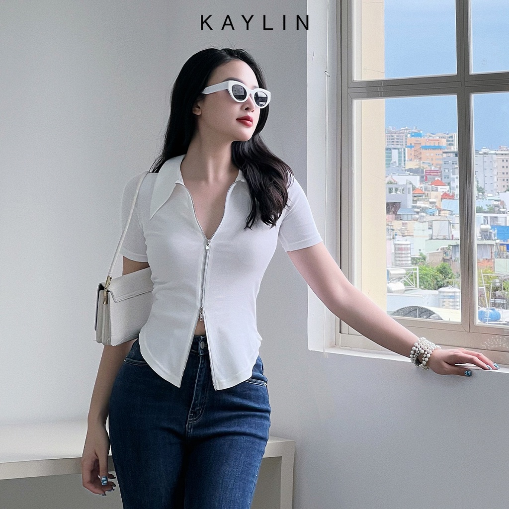Ảnh Áo thun KAYLIN Freesize form ôm cổ sơ mi phối dây kéo hai đầu chất vải thun cỏ giản phong cách trẻ trung - N1770 3