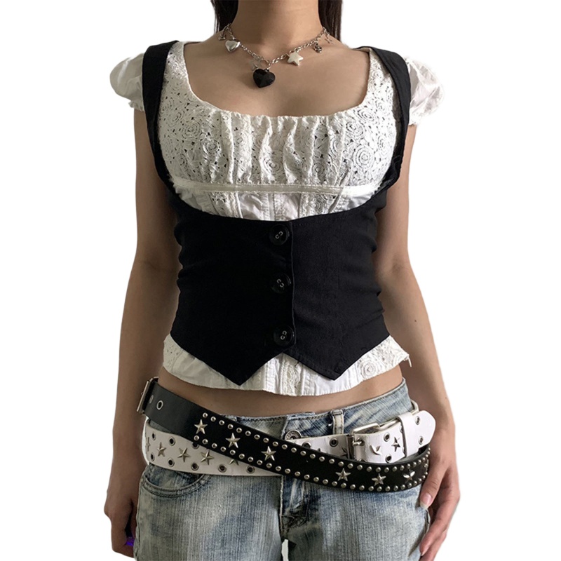 YOI Nữ Gothic Vintage Dressy Áo Vest Màu Đen Racerback Mini Vest Tuxedo Phù Hợp Với Steampunk Đầm 3 Nút Trượt Tuyết