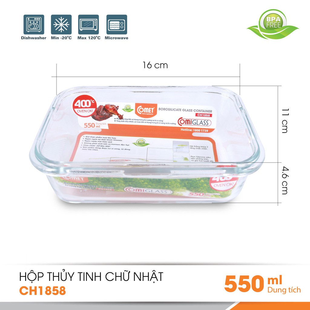 Combo 3 hộp thực phẩm thuỷ tinh Comet CH1858 - 550ml