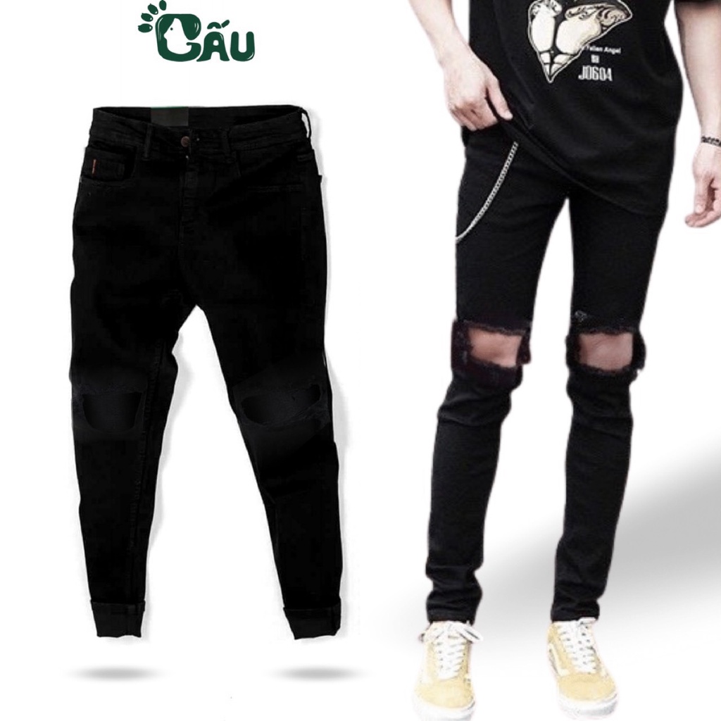 Quần jean Nam đen Gấu 194 rách rộng vải jeans bò cotton duck cao cấp mềm mịn, co dãn – form slim fit [có Bigsize] – 02