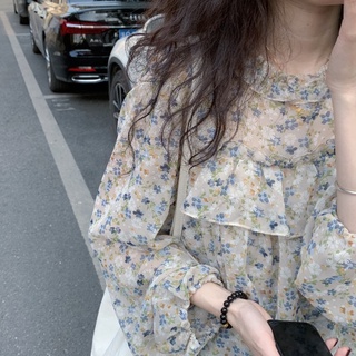 Áo Sơ Mi Chiffon Tay Dài Cổ Tròn Phối Bèo Họa Tiết Hoa Phong Cách Hàn Quốc Cho Nữ