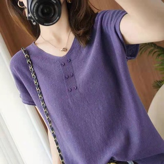 Áo thun dệt kim cổ chữ V Ice Silk Phiên bản Hàn Quốc dáng rộng mỏng hơn trông Size lớn béo MM Nữ màu trơn Nút dệt kim ngắn