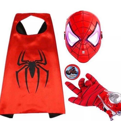 Bộ trang phục hóa trang 5 Món Người Nhện dịp halloween, Áo choàng siêu nhân nhện kèm găng tay, mặt nạ, đeo tay bắn đĩa