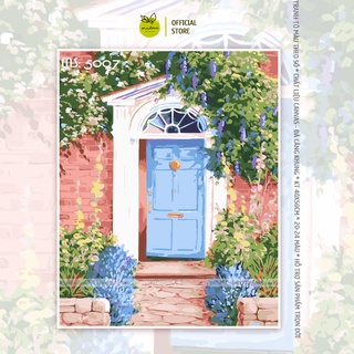 Tranh tô màu số hóa Madoca có khung 40x50cm hiên nhà hoa xanh T5007
