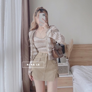 Set Cadigan Len Kẻ 2 Món Áo Khoác Mix Áo 3 Lỗ