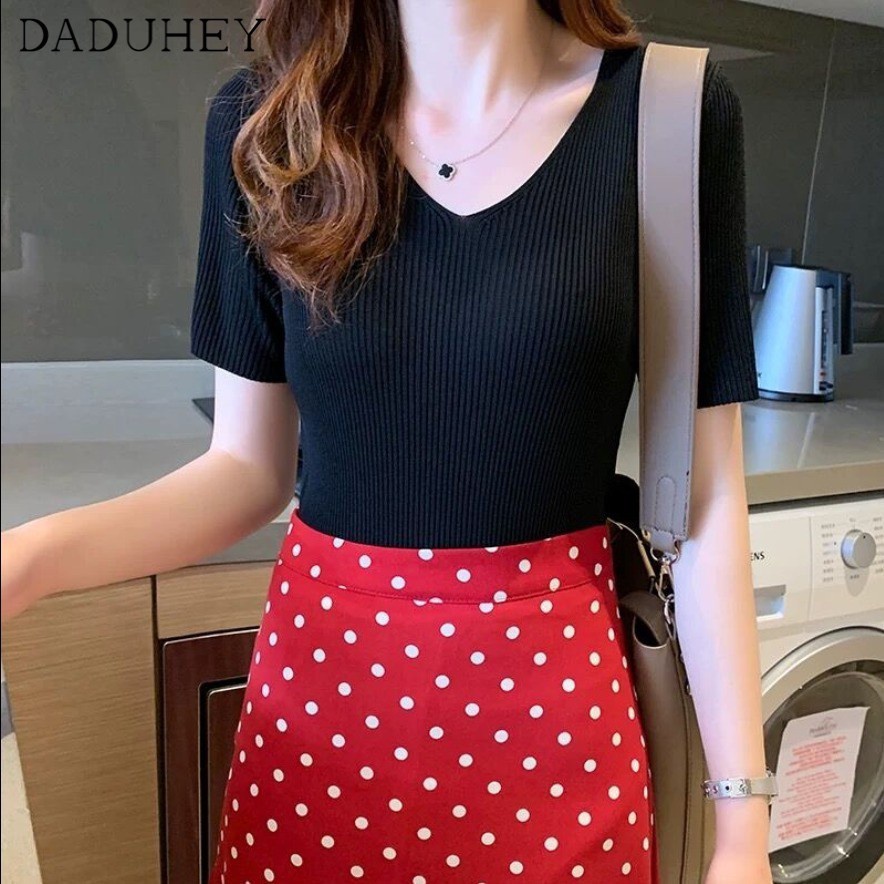 Ảnh Áo thun daduhey vải lụa lạnh tay ngắn cổ chữ V dáng ôm phong cách Hàn Quốc thời trang mùa hè mới cho nữ 2
