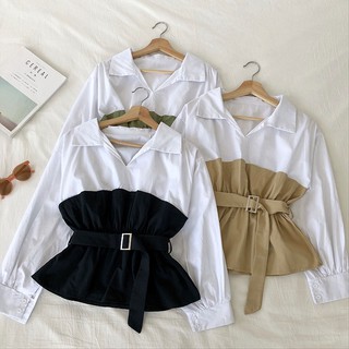 Phong cách hàn quốc nữ nữ dài tay eo áo sơ mi áo baju wanita lengan panjang + thắt lưng