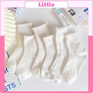 Tất Cổ Cao Nữ Hàn Quốc Lonita Bộ 6 Mẫu, Vớ Cổ Cao Nữ Trắng Vải Cotton