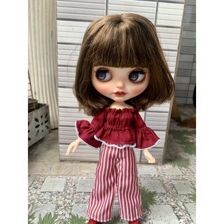 Set áo trễ vai tay dài quần sọc đỏ size blythe,ob,xinyi,barbie