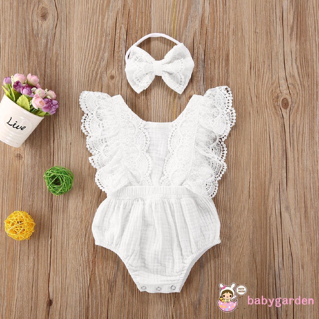 Bộ áo liền quần/đầm phối ren hoa màu trắng thời trang mùa hè cho bé gái