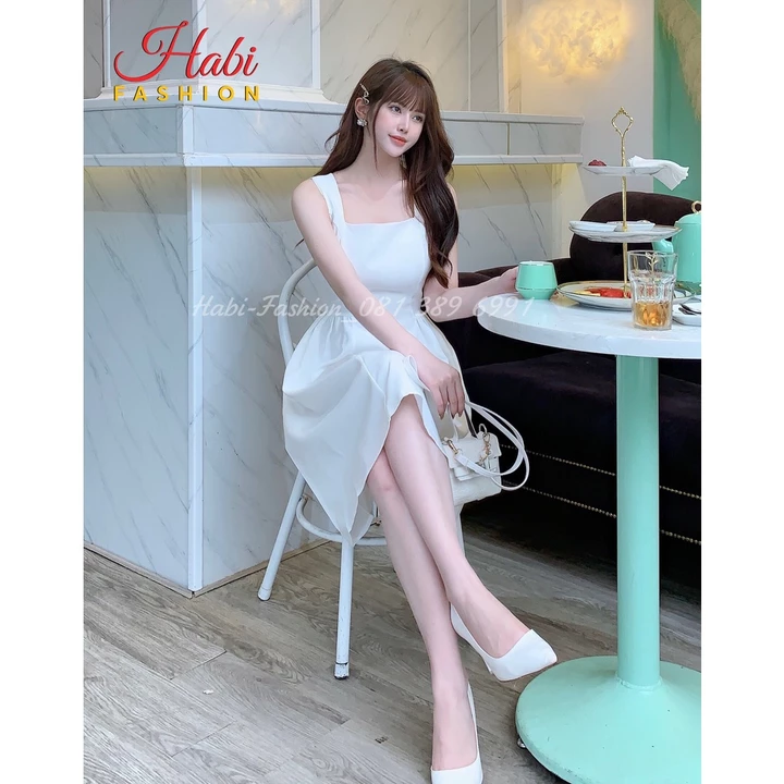 Đầm trắng xòe dự tiệc giá rẻ, đầm 2 dây dáng xòe, váy thiết kế phong cách Hepburn Pháp eo cao thon nhỏ dáng xòe khí chất