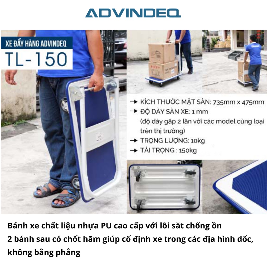 Xe đẩy hàng 4 bánh gấp gọn ADVINDEQ TL-150 sàn thép cao cấp, tải trọng 150kg, bảo hành 12 tháng toàn quốc