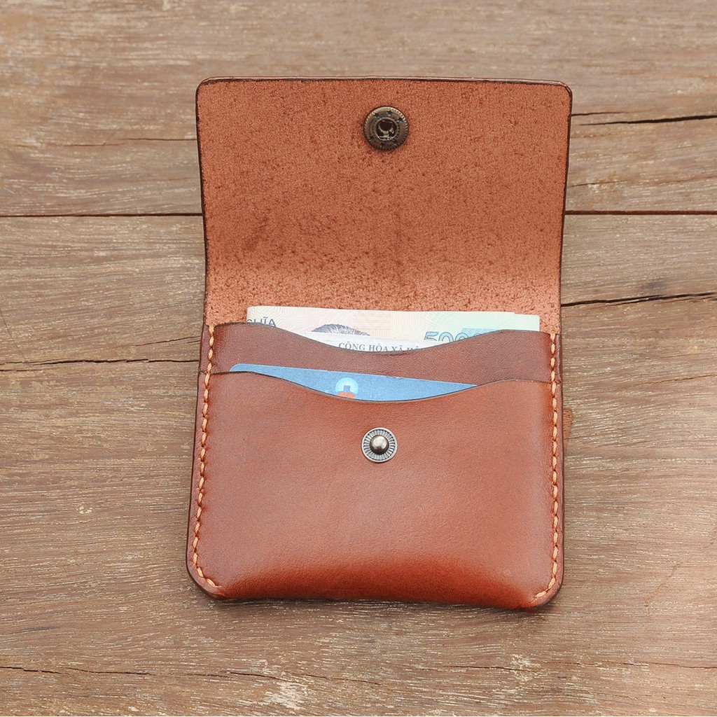 Ví da đựng thẻ mini có cúc bấm - Da bò nhập khẩu - Đồ da Handmade