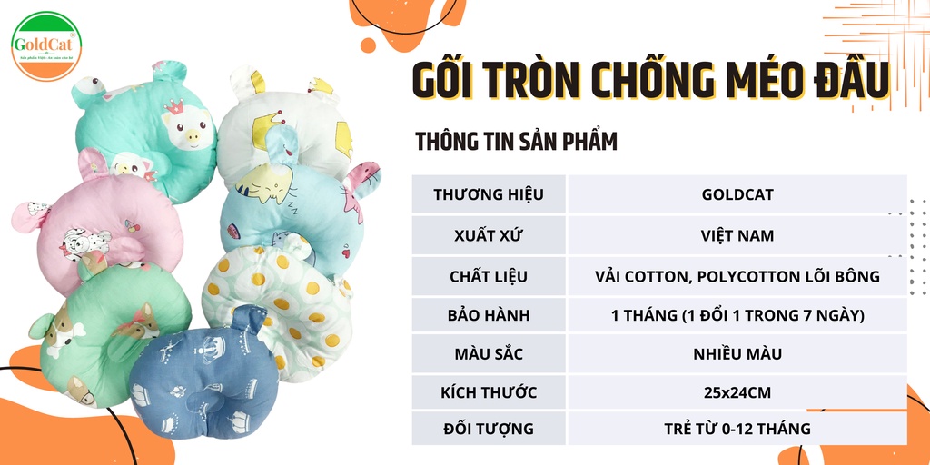 Mô tả Gối Lõm Chống Méo Đầu Hình Tròn GOLDCAT GT Chất Vải Cotton Lõi Bông Êm Cho Trẻ Từ 0-12 Tháng - 1