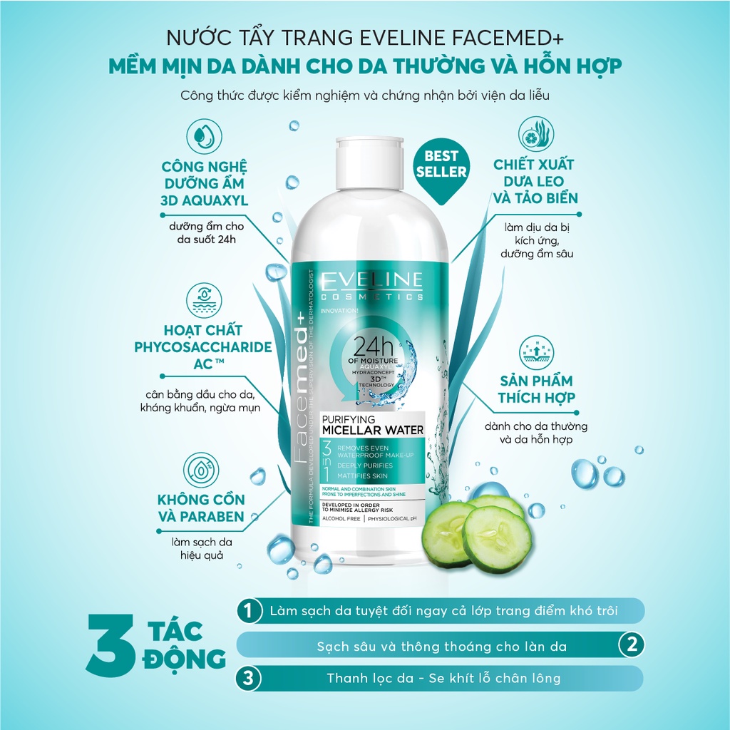 Nước Tẩy Trang Sạch Sâu 3 Tác Động Vượt Trội Eveline Facemed+ Micellar Water 400ml