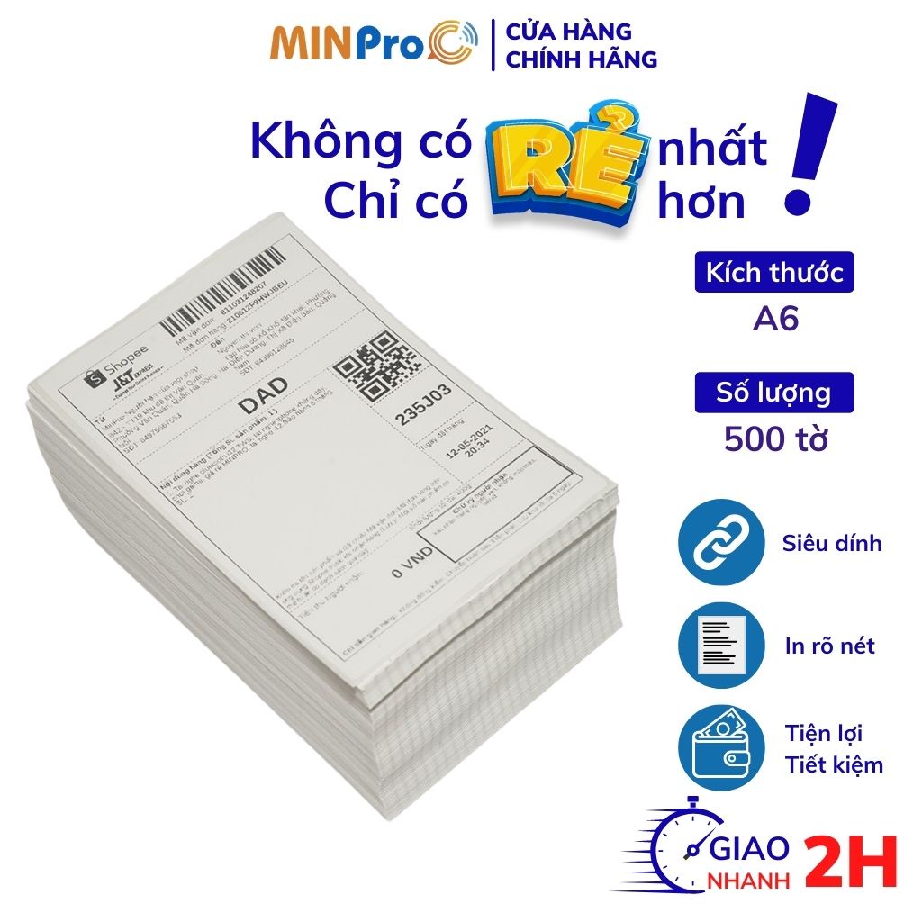 Giấy in nhiệt MINPRO tự dính 500 tờ khổ A6 100x150 in đơn hàng, mã vạch, in bill không phai chữ