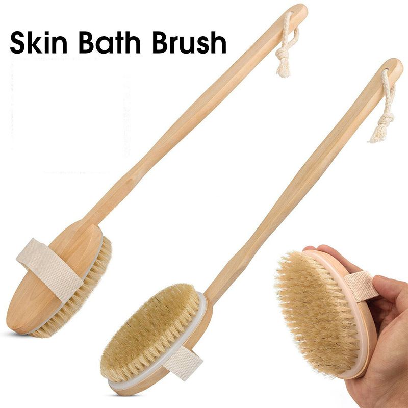 Bàn chải tắm mặt sau Scrub Bath Body Wood Làm sạch tay cầm dài Tự nhiên