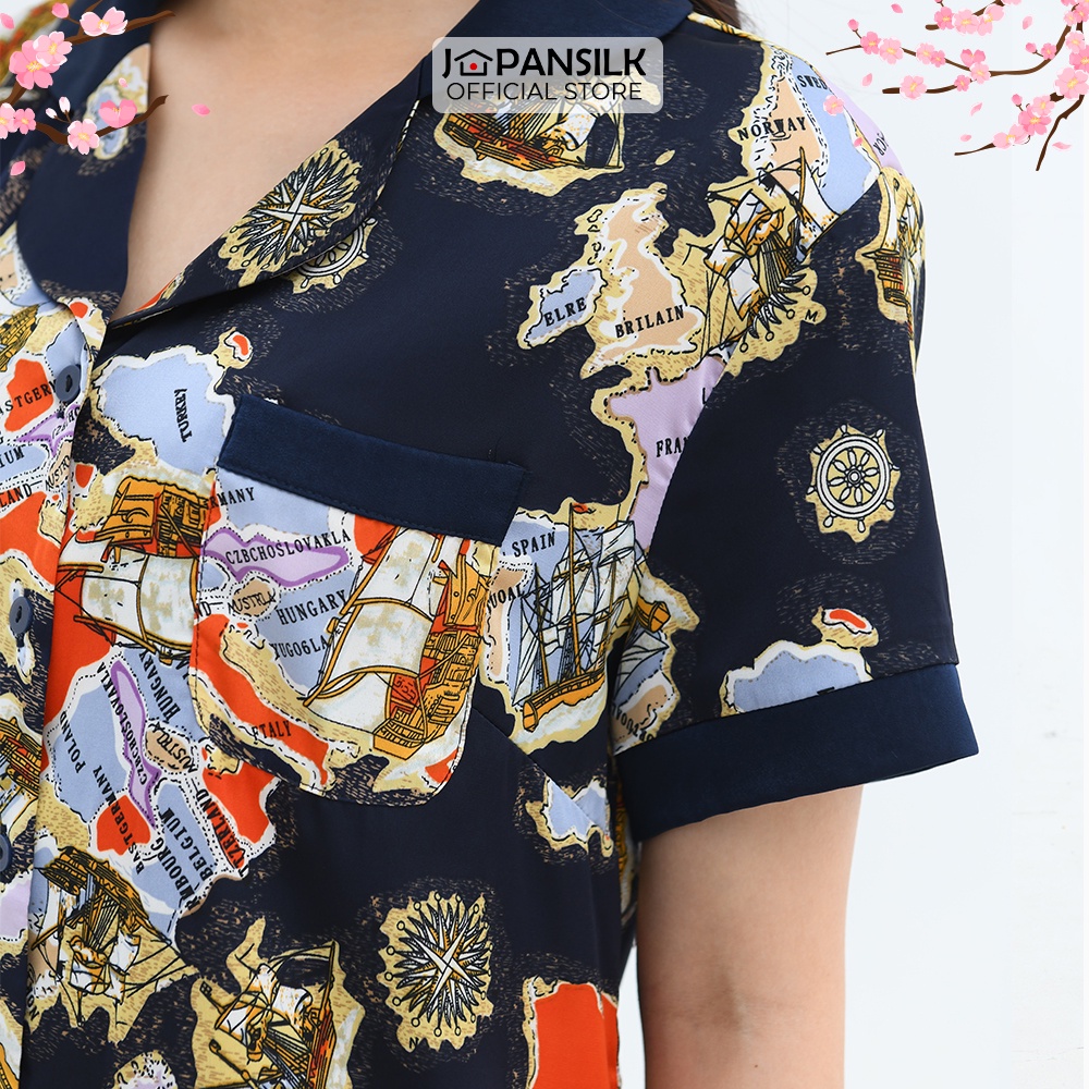 Ảnh Đồ Bộ Nữ Lụa Satin Pijama Cao Cấp JAPAN SILK Tay Ngắn Quần Dài Họa Tiết Bản Đồ Vintage 3
