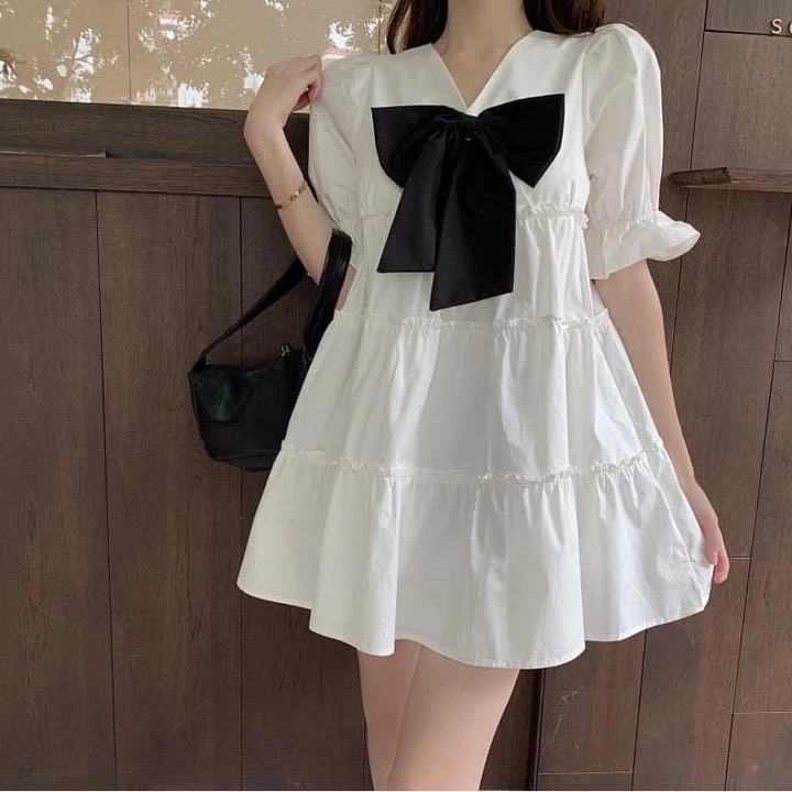 Đầm babydoll nữ ❤️đầm xoè cổ v đính nơ❤️ chất thô mềm xếp tầng, đầm trắng, đầm tiểu thư MÂY_1989